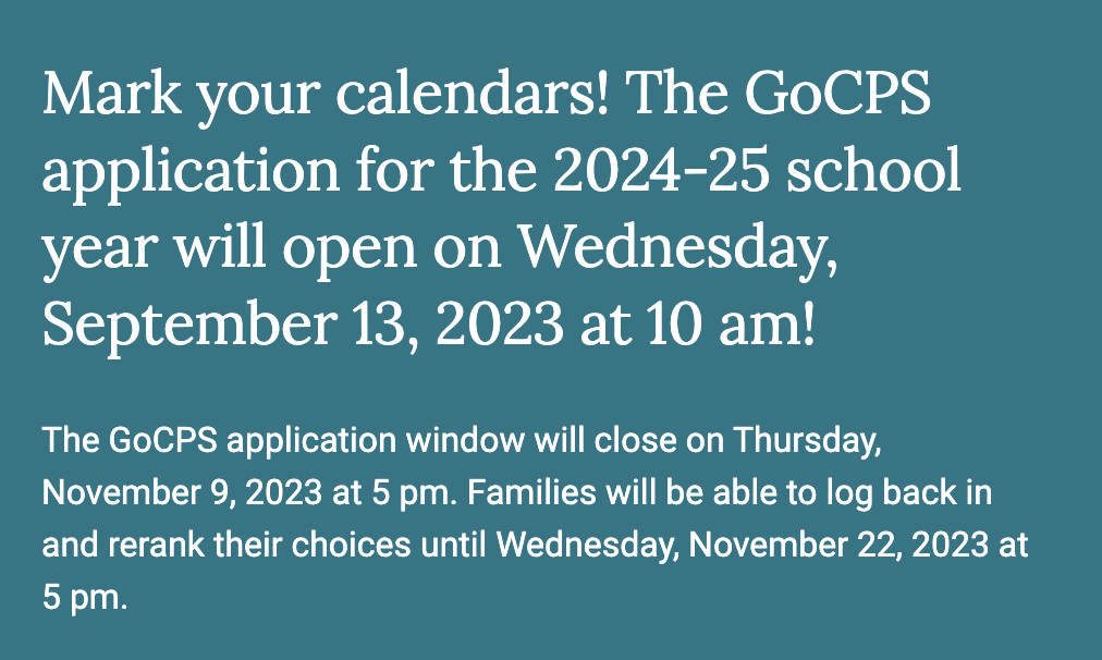CPS 2024-2025 Application Window from 9/13/23 - 11/9/23 - Chicago